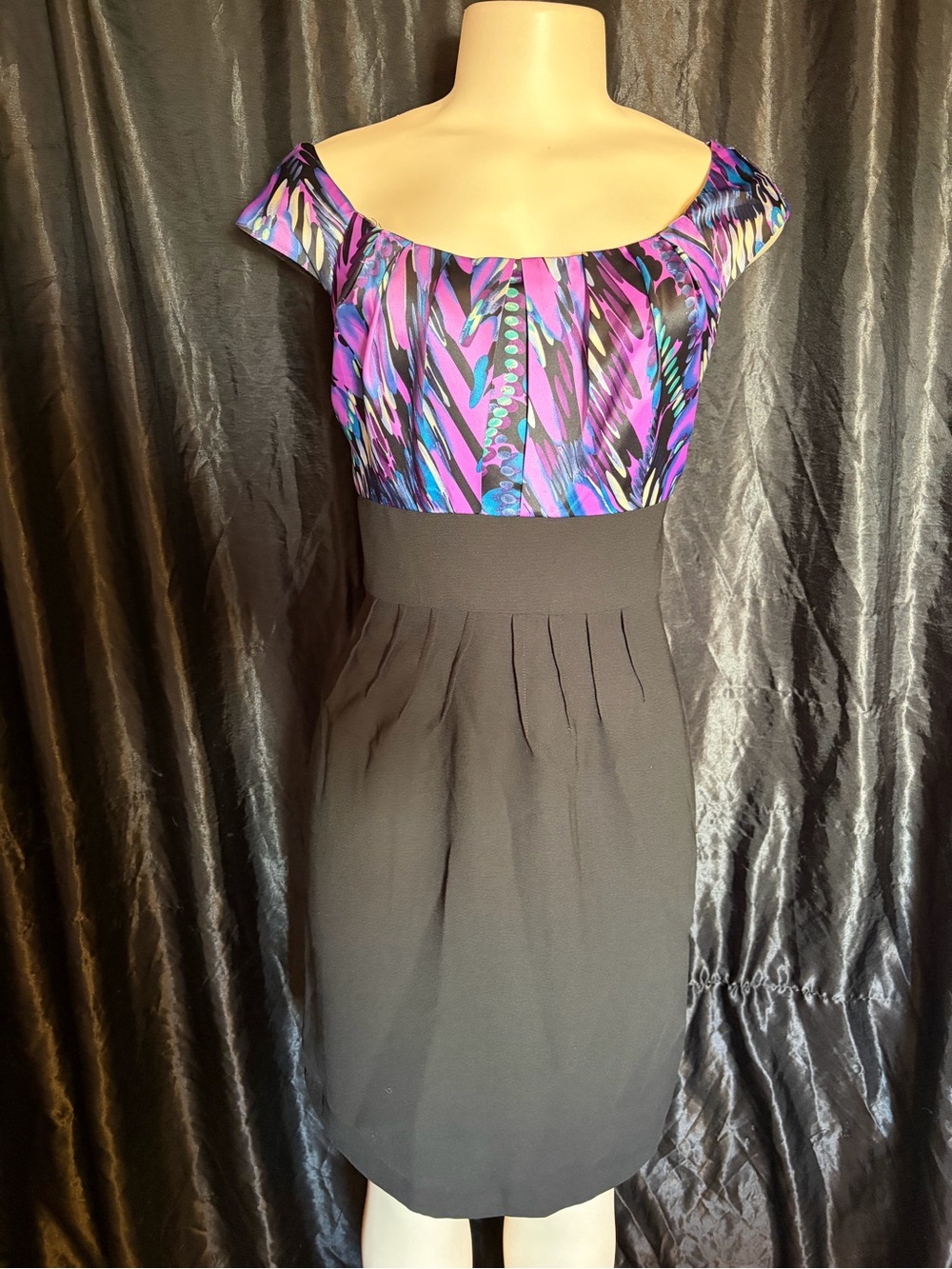 Perceptions Black Skirt Dress with Purple Multi-Print Bodice